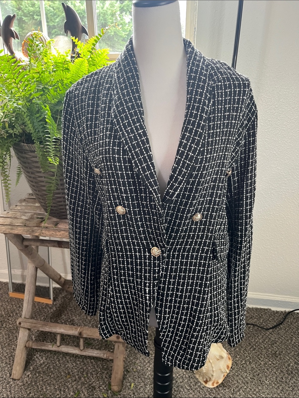 Elegant Black & White Tweed Double-Breasted Blazer